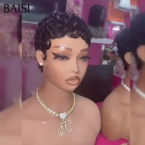BAISI PROMO 2 Perruques 55€ pixie Sans Colle finger wave et Lisse NOIR Moitié Prix Fabriqué à la Machine en 100% cheveux humains