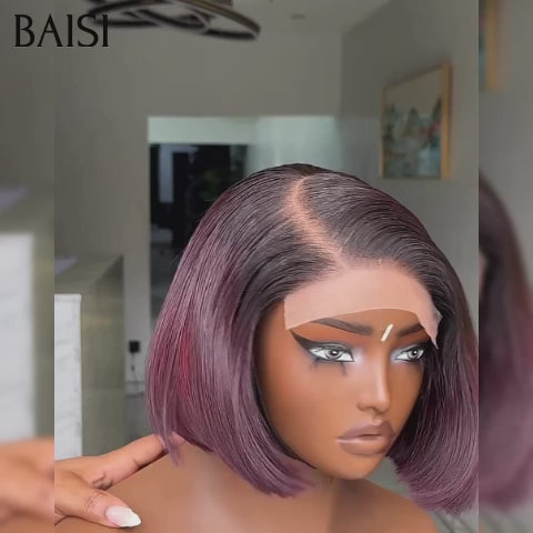 BAISI 4X4 lace closure Perruque Bob Lisse 10 Pouces en couleur Bordeaux avec racine NOIR  #1B99J 100% Cheveux Humains
