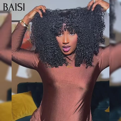 BAISI Perruques sans lace kinky curly Wave avec Frange noir Bon Volume 128€ sans Colle fabriqué à la machine en 100% Cheveux Humains