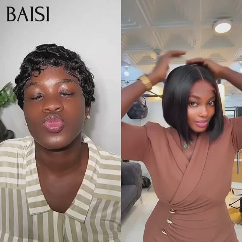 BAISI 2 Perruques 79€ Sans Colle Facile à Porter finger wave et 4x4 lace 8 Pouces Lisse en 100% vrais cheveux humains