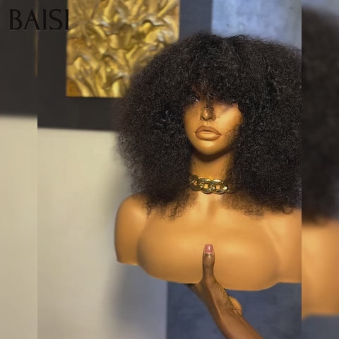 BAISI Perruques sans Colle sans lace bouclé curly Wave avec Frange noir 14 pouces 129€ 300% densité  en 100% Cheveux Humains