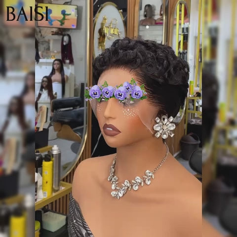 BAISI  13X4 lace Perruque chioma Pixie vague En Couleur noir 1 achetée + 1 cadeau OFFERT 55€ en 100% Cheveux Humains BS65
