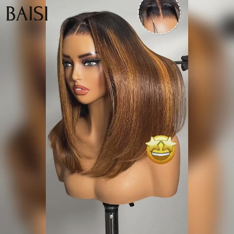 BAISI 13x4 lace frontal Perruque Bob Lisse pour revendre 14 Pouces 99€ en couleur Marron mixte miel  4T4/30# en 100% Cheveux Humains