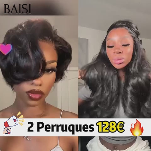 BAISI vente flash 2 perruques 128 euro 4X4 lace pixie NOIR et 13x4 frontal Body wave 18 Pouces en 100% Cheveux Humains