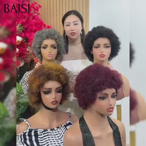 BAISI 4 Perruques 80€ Pixie afro curly  4 couleurs NOIR et Mixte Miel et gris et Bordeaux Fabriqué à la Machine  En 100% Cheveux Humains