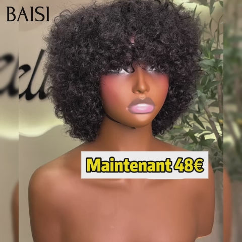 BAISI Prix sans lace 48€ pixie afro curl ou 50€ Perruque Pixie Lisse en couleur 99J#  sans colle 100% Cheveux Humains Fabriqué à la Machine F-026 BS65
