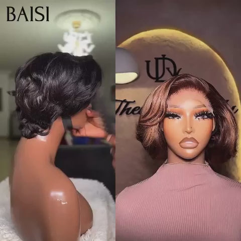 BAISI Pixie 45€ 13x4 lace frontal Lisse ou Coupe 89€ 13X4 Lace Frontal Perruque Bouclée Wave Qualité TOP en Couleur Mixte miel en 100% Cheveux Humains