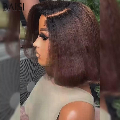 BAISI 13X4 lace frontal Perruque Bob 85€ Kinky Straight 12 pouces En couleur Marron 1BT4# ou Noir en 100% Raw Hair 4C Hairline 300% densité plus de 20 ans d' utilisations 100% Cheveux Humains