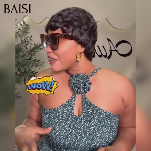 BAISI Perruque chioma promotion pixie 39€ finger Wave sans Colle Fabriqué à la Machine en 100% Cheveux Humains