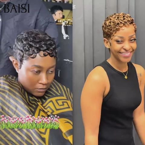 BAISI vente flash 2 Perruques Chioma 75€ pixie finger wave sans lace NOIR et 13x4 lace Marron en 100% vrais cheveux humains