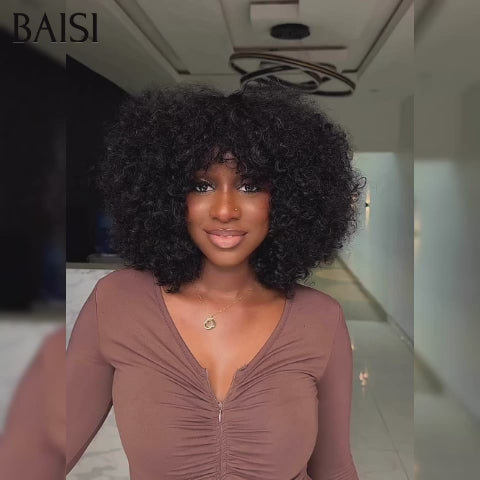 BAISI Achetez 2 perruques minimum au prix d'usine fournisseur 4x4 Closure Perruque curly Wave avec Frange  En 100% Cheveux Humains En Cheveux Indians Brésiliens De Bonne Qualité (Pas besoins de code)