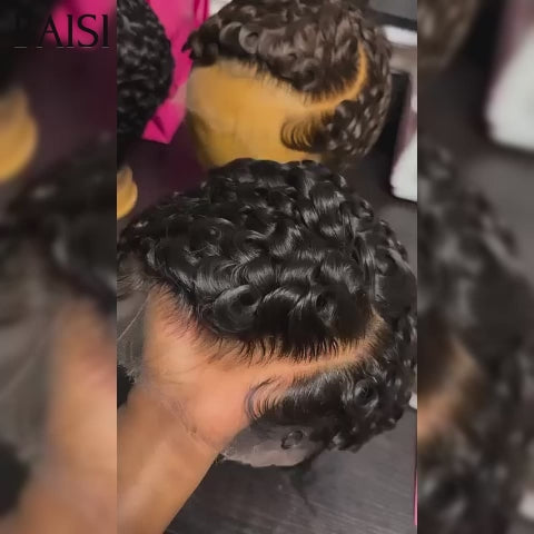 BAISI Perruque Ondulée Coupe Pixie 13X4 Frontal Perruque personnalisée finger wave ou Lisse en Couleur Noir Mix Marron 1B#4# en 100% cheveux humains