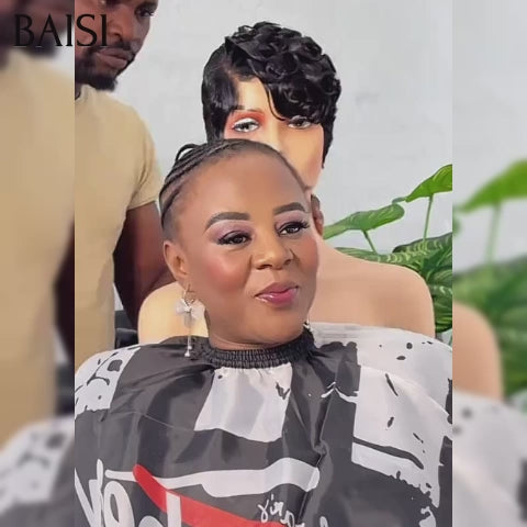 BAISI Perruque Chioma pixie finger wave noir avec frontal 1 achetée + 1 cadeau OFFERT 52€ en 100% Cheveux Humains