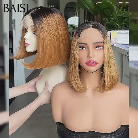 BAISI 2X6 lace closure perruque 100% Vietnam Hair  en couleur noir avec racine Miel 1BT27# de luxe SDD BONE Straight Lisse Bob Haute Qualité en 100% Cheveux Humains