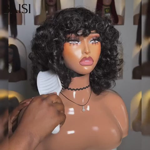 BAISI Perruque Bouclée Egg Wave  69€ NOIR ou Marron #4 ou orange ou 99J avec Frange Sans Lace Sans Colle en 100% Cheveux Humains