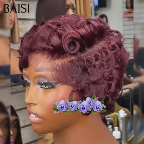 BAISI Perruque Chioma pixie finger wave avec frontal en couleur Bordeaux 99J# 1 achetée + 1 cadeau OFFERT 58€ en 100% Cheveux Humains