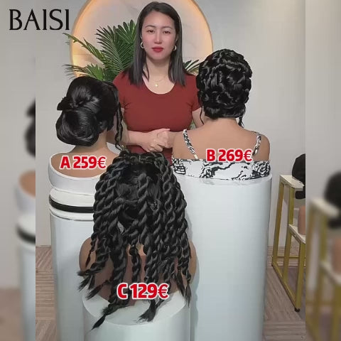 BAISI 13X4 lace frontale avec natte 3 styles différents de perruques personnalisées Prête à porter chignon et personalisation événement spécial