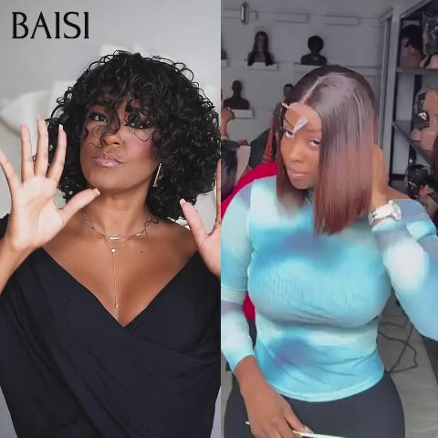 BAISI vente flash 2 perruques 129€ Bob water wave avec Frange 12 Pouces et 4x4 lace Lisse 10 Pouces 1BT4# en 100% vrais cheveux humains FR20