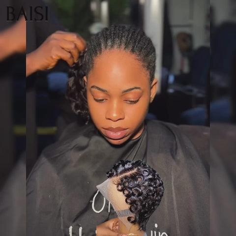 BAISI  Perruque Chioma pixie 13X4 lace Frontale finger wave NOIR Moitié Prix 55€ sans Colle en 100% Raw Hair Lace déjà couper MP50