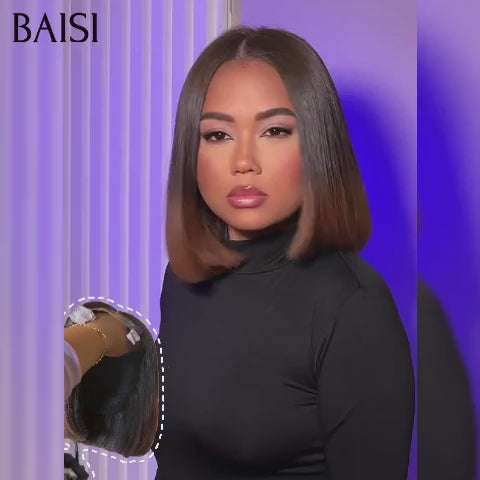 BAISI lace closure Lisse BOB 10 Pouces en couleur 1BT4# 76€ ou 5x5 lace tranparente 12 Pouce #1Bmix27  Miel avec Racine noir ou Bordeaux 99J en 100% Cheveux Humains Code:FR38