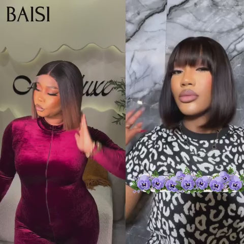 BAISI vente flash 2 Perruques + 1 FER gratuite = 119€ 4x4 lace closure Lisse Marron 1B4# 10 Pouces et BOB avec Frange 8 Pouces en 100% vrais cheveux humains , CODE: FR20