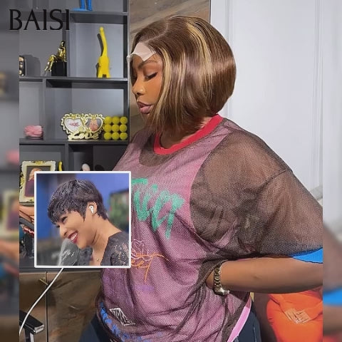 BAISI Achetez 1 +1 Gratuite = 79€ lace closure pixie Lisse en couleur Marron Mixte Miel et sans Colle Lisse NOIR en 100% vrais cheveux humains