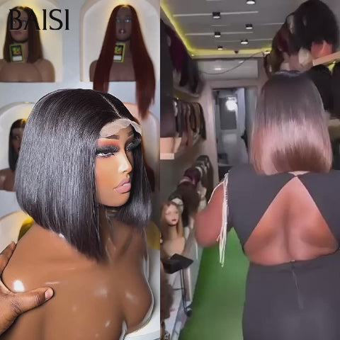 BAISI vente flash 2 perruques 109 euro 4x4 lace closure NOIR 8 Pouces et Marron 10 Pouces Lisse en 100% vrais cheveux humains