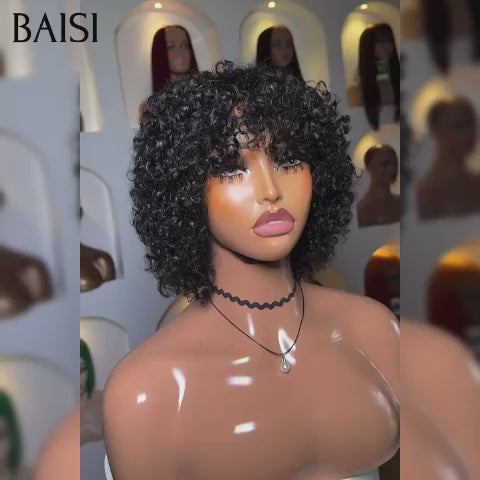 BAISI  Perruque Pixie curly wave NOIR 49€ ou  noir mix miel 1B27#  petite coupe fabriqué à la machine 65€ En 100% Cheveux Humains