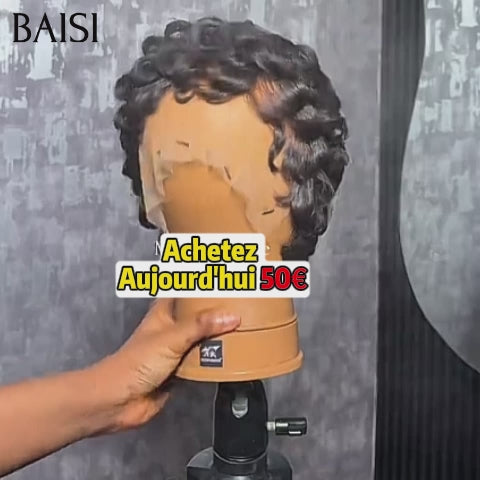 BAISI  Perruque Chioma finger wave 13X4 lace Frontale Pixie Moitié Prix 50€ couleur naturelle En 100% Cheveux Humains MP50