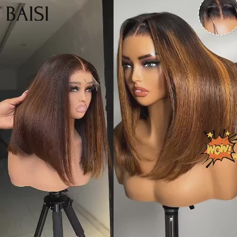 BAISI Grande PROMO 2 perruques 159€ 13X4 lace frontal lisse bob 14 Pouces en couleur Marron et Mixte miel en 100% vrais cheveux humains