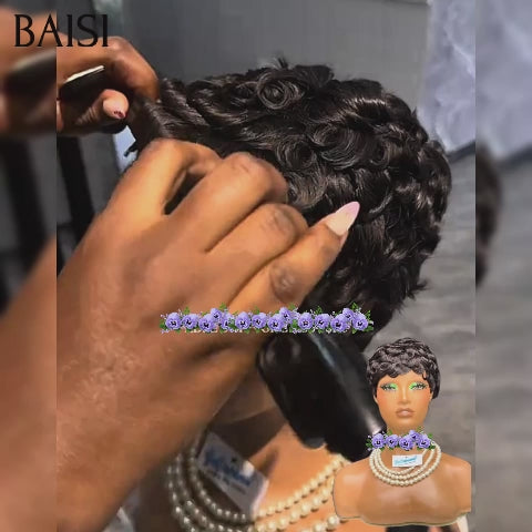 BAISI Perruque Pixie sans Colle sans lace finger wave NOIR ou 13X4 lace pixie En Couleur 4#350 80€ en 100% Cheveux Humains