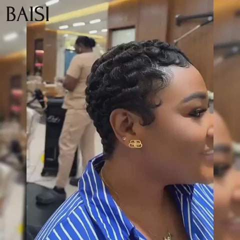 BAISI Perruque chioma Pixie sans Colle sans lace finger wave fabriqué à la machine En Couleur NOIR en 100% Cheveux Humains