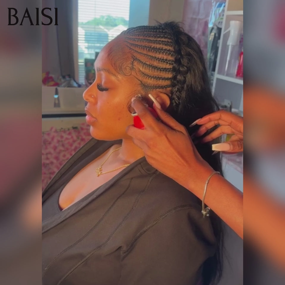 BAISI 13x6 Lace Perruque Coiffée Lisse 22Pouces 218€ Couleur Noir 1B# Devanture Petites Nattes Rampantes Cheveux Serre Tête en 100% Cheveux humains