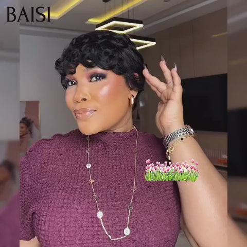 BAISI promotion 39€ Perruques Chioma Pixie Finger Wave petite coupe fabriqué à la machine NOIR sans lace En 100% Cheveux Humains