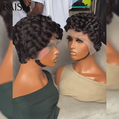BAISI  pixie Coiffure 2 Perruques 90€ 13X4 lace frontal comme la video NOIRen 100% Cheveux humains