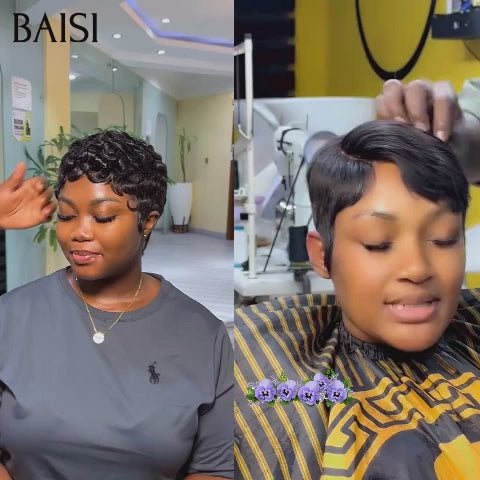 BAISI HAIR FR 2 Pixie Perruques 66€ sans Colle finger wave NOIR et 13X4 lace pixie Lisse 100% Cheveux Humains