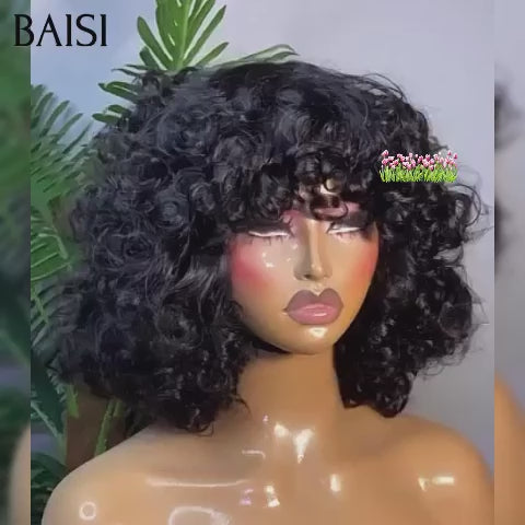 BAISI Offre Flash 75€ Perruque Bob EGG wave avec Frange en Noir Sans Lace en 100% Cheveux Humains BS65