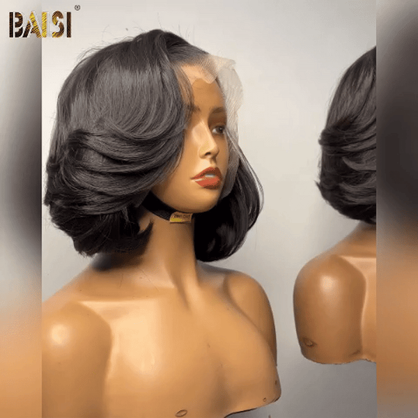 BAISI 5X5 Perruques 10 pouces Noir coupe personnalisée boucles voluminieux 300% densité plus de 20 ans d' utilisations