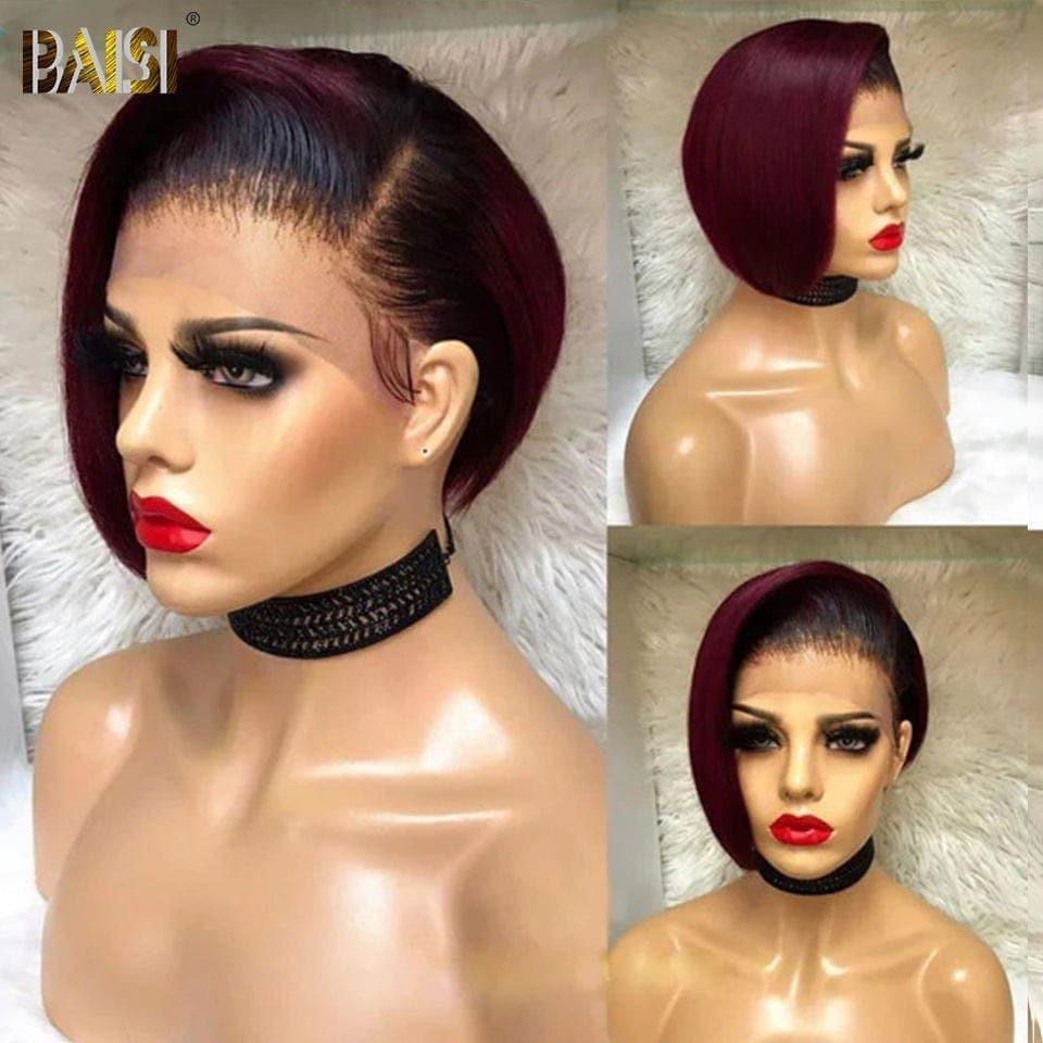 BAISI Pixie Perücke in burgunderroter Farbe mit schwarzem Ansatz aus 100 % Echthaar