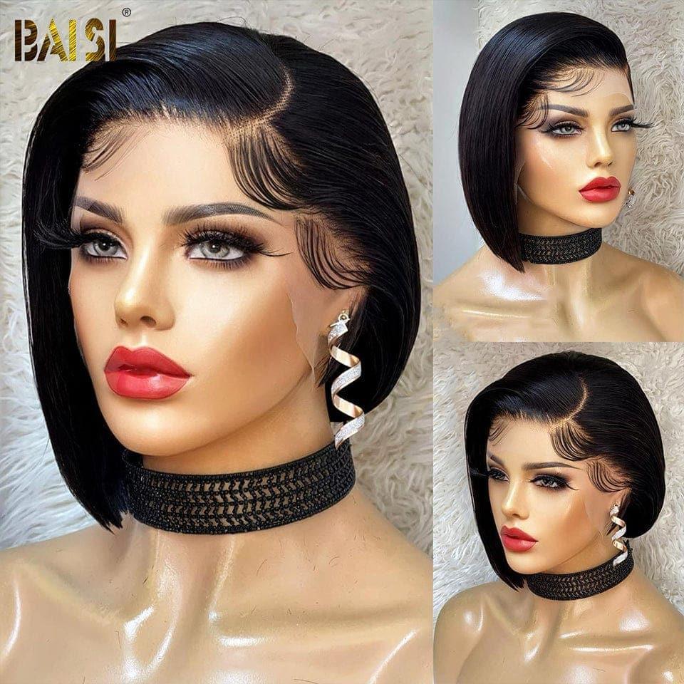 BAISI Perruque 13X4 lace frontal Pixie Vague 58€ En Couleur NOIR ou Lisse naturelle 1B en 100% Cheveux Humains CODE: FR20