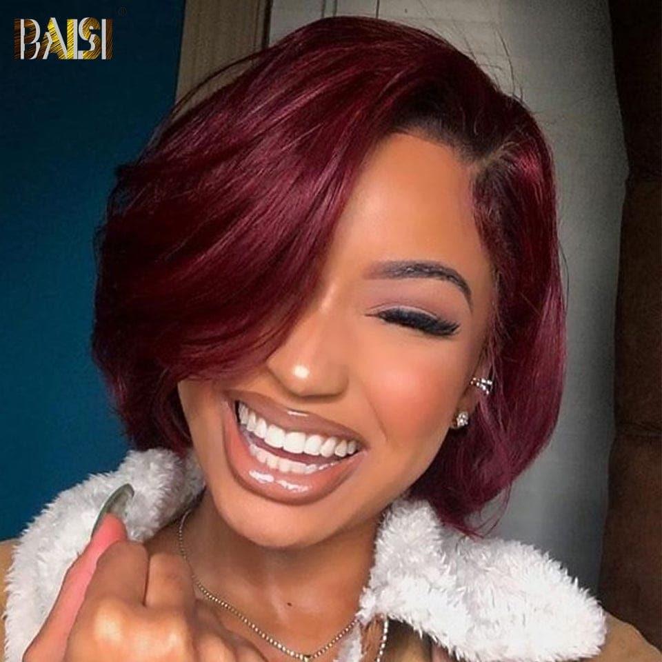 BAISI Pixie Perücke in burgunderroter Farbe mit schwarzem Ansatz aus 100 % Echthaar
