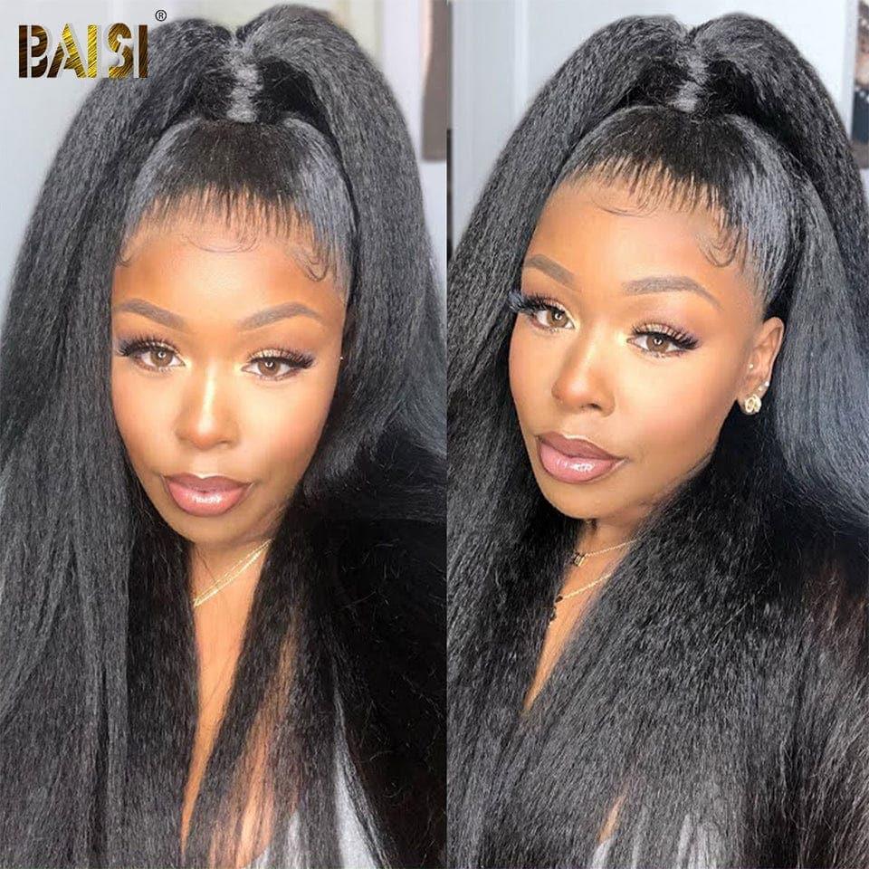 BAISI 360 Lace Wig Kinky Straight Yaki in Real Human Hair Bun Hairstyle