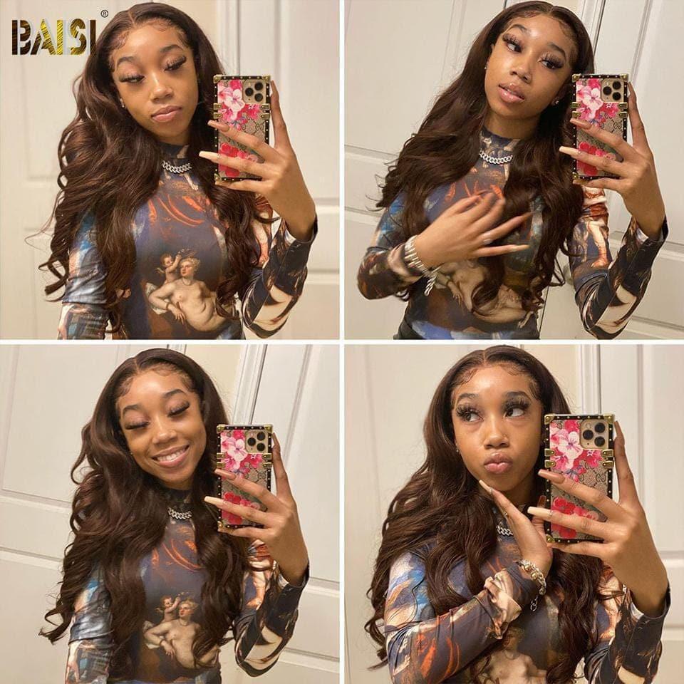 BAISI Parrucca 13x4 Lace Front Personalizzata Colore 4# Liscia Deep wave Riccia Body Wave Di Alta Qualità, Spedizione Gratuita