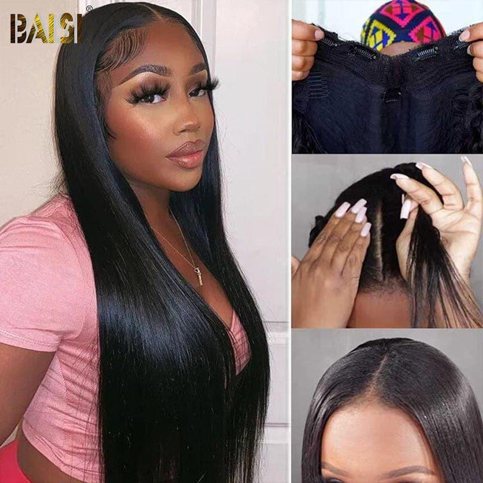 BAISI V Part Perruque Lisse en 100% Cheveux Humains Fabriqué à La Machine Sans Lace