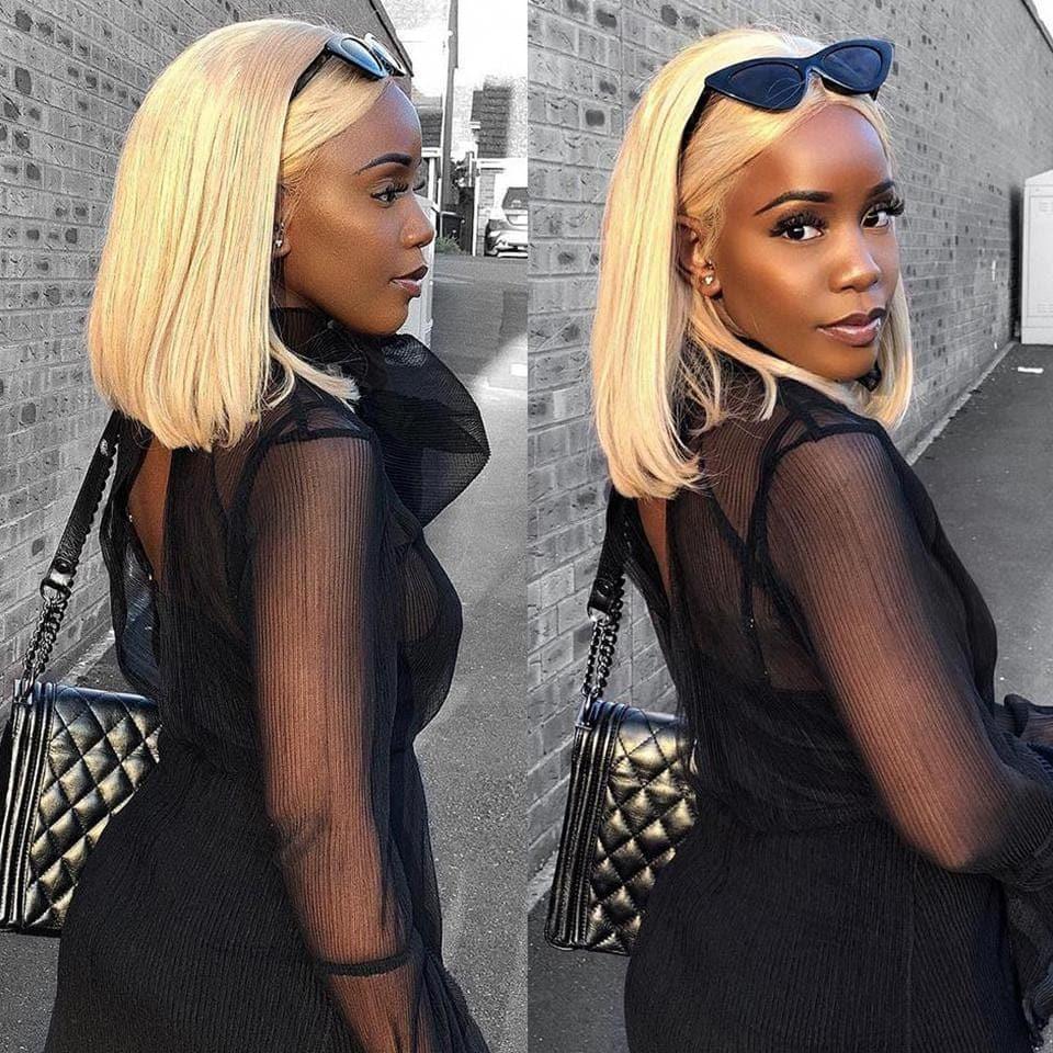 BAISI Renda Frontal e Fechamento de Renda Peruca #613 Loira Suave Reta Bob Colorido