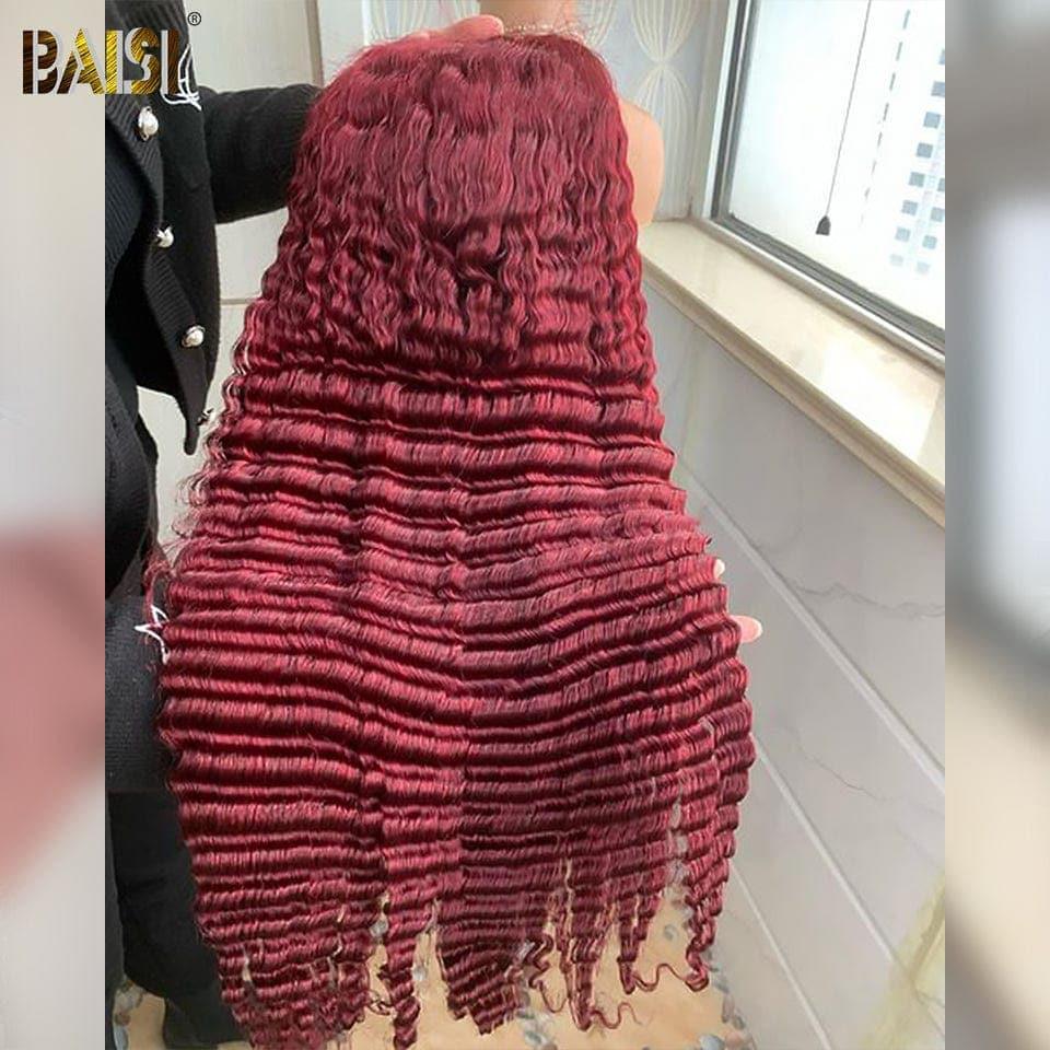 BAISI 13x4 Lace Frontal Perruque Deep Wave Rouge Bordeaux en 100% Cheveux Humains