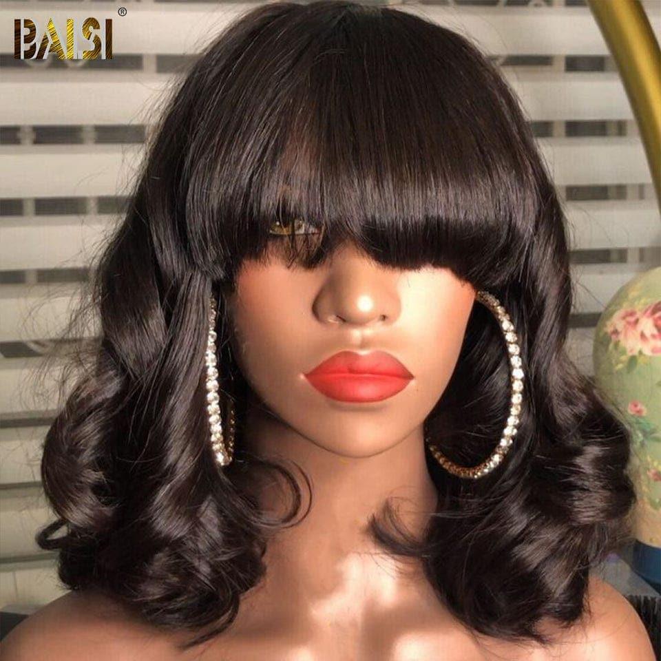 BAISI Kaufen Sie 5 Stück FABRIKPREIS Bob-Perücke mit Pony, gewellte Körperwelle, 100 % Echthaar (kein Code erforderlich)