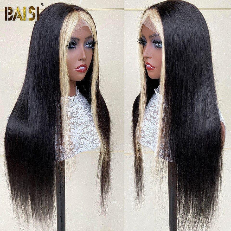 Peluca recta con encaje frontal BAISI en color negro MIX Blonde #613 en cabello humano 100% real