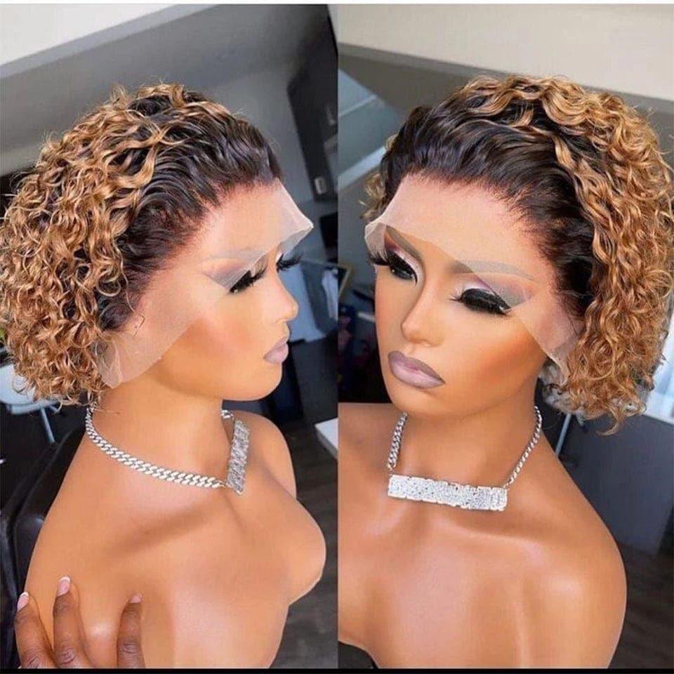 BAISI FLORENCE Perruque Pixie  Cut Lace Frontal 13X4 lace NOIR ou 13x1 Curly 4/27 Marron en 100% Vrais Cheveux Humains C