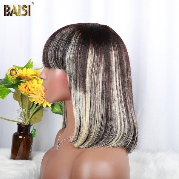 BAISI COUPE CHINOISE NOIR MIX BLONDE SANS LACE PERRUQUE BOB LISSE AVEC FRANGE #1BMIX#613